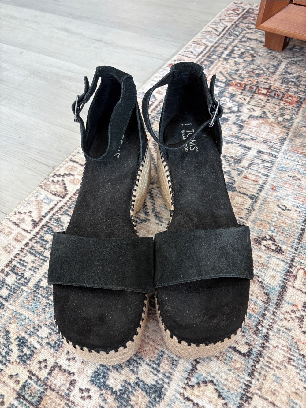 TOMS Black Suede Platform Espadrille Wedge Sandals